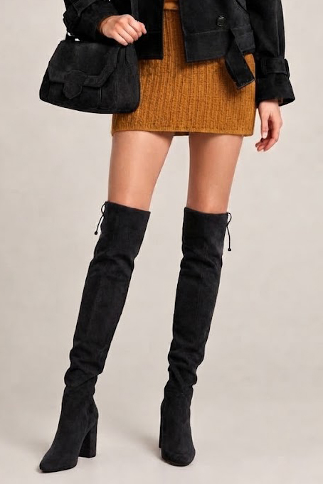 Women's pitch black custom-made thigh-high boots with round toe and high block heel - Worn view